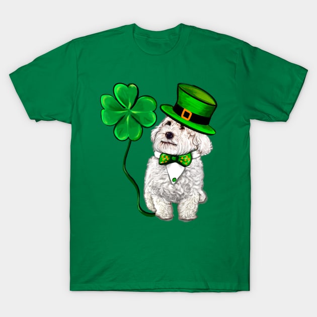 Funny Cavapoo puppy dog in hat and tie fancy dress with Clover Shamrocks - green 4 leaf clovers shamrock. Shenanigans The best Irish gift ideas 2024 T-Shirt by Artonmytee